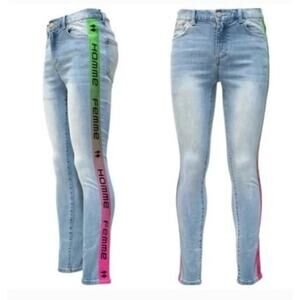 HOMME + FEMME TESLA PINK/GREEN GRADIENT SKINNY JEANS, Size 38, $150